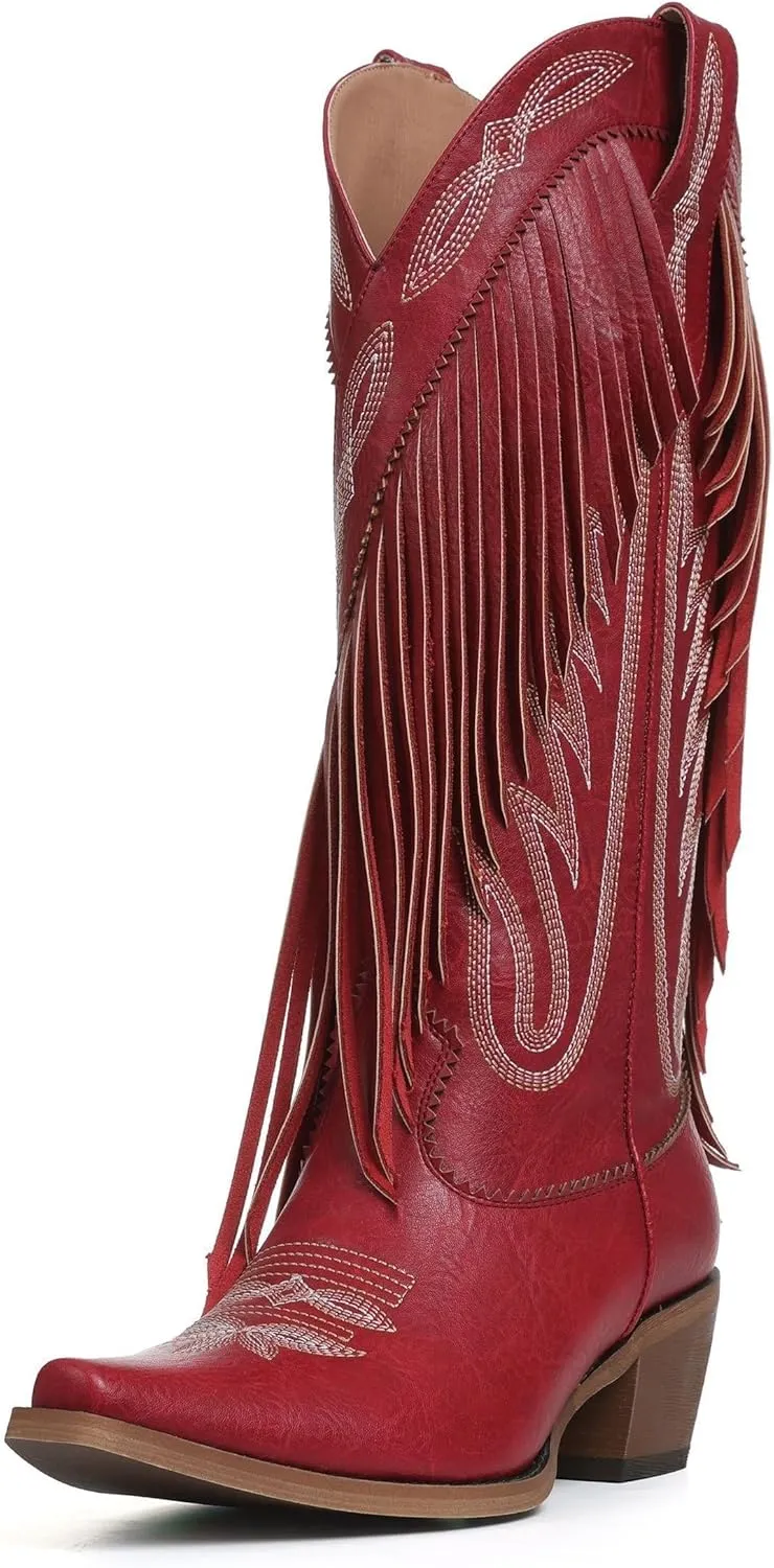 Celbreez Fringe Cowgirl Boots with Classic Embroidery Cowboy Boots for Women Wide Calf Pointed Toe Chunky Heel Pull on Knee High Western Boots