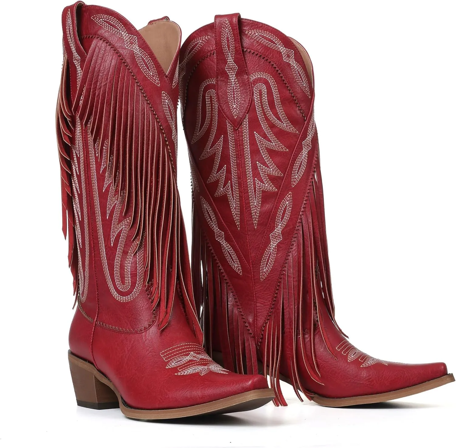 Celbreez Fringe Cowgirl Boots with Classic Embroidery Cowboy Boots for Women Wide Calf Pointed Toe Chunky Heel Pull on Knee High Western Boots