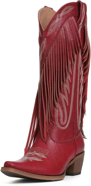 Celbreez Fringe Cowgirl Boots with Classic Embroidery Cowboy Boots for Women Wide Calf Pointed Toe Chunky Heel Pull on Knee High Western Boots