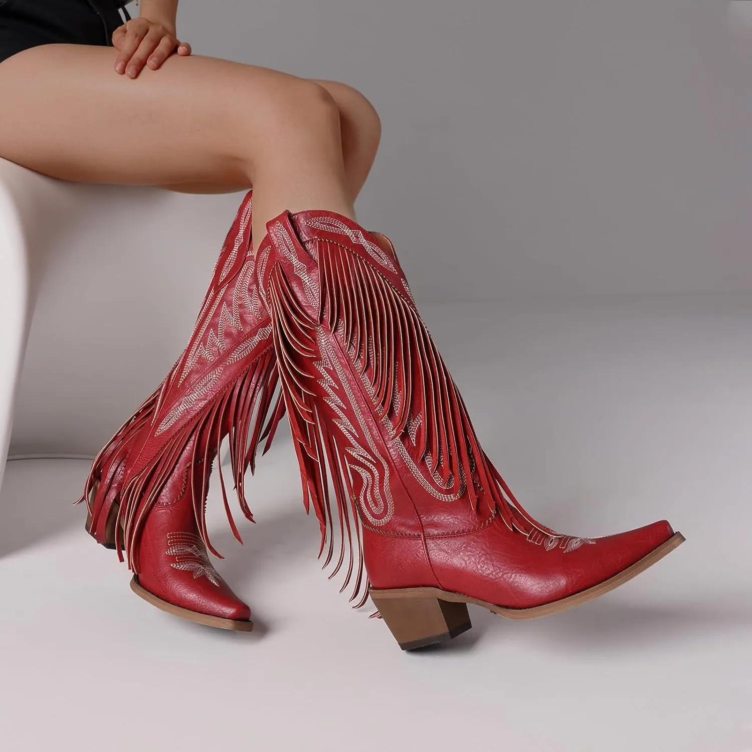 Celbreez Fringe Cowgirl Boots with Classic Embroidery Cowboy Boots for Women Wide Calf Pointed Toe Chunky Heel Pull on Knee High Western Boots