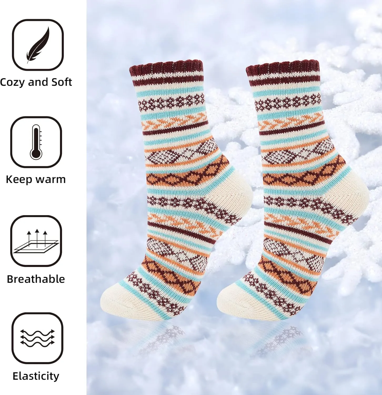 Century Star Women's Knit Pattern Sports Socks - Crew Cut, Warm & Soft Cashmere Blend for Winter