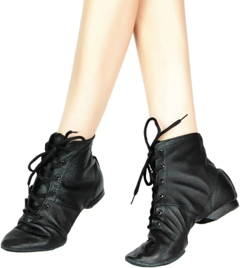 Cheapdancing Women’s Leather Practice Dancing Shoes Jazz Boots Soft-Soled High Boots, Black