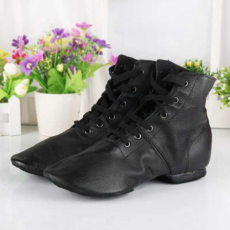 Cheapdancing Women’s Leather Practice Dancing Shoes Jazz Boots Soft-Soled High Boots, Black