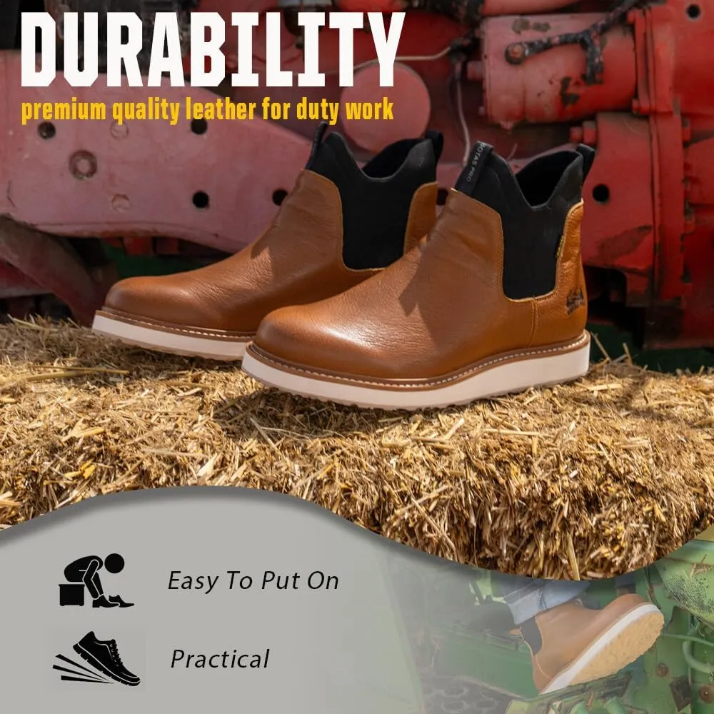 Chelsea Work Boots Men, 6 Inch Soft Toe Waterproof Full Grain Leather Chelsea Wedge Work Shoes Breathable Comfortable(BP501-503)