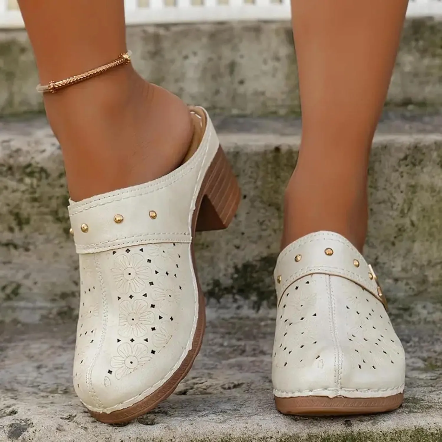 Chunky Heels Sandals for Women 2025 Closed Toe Wide Width Hollow Out Slip On Block Mules Recovery Slippers Ladies Comfortable Cushion Footbed Orthopedic Arch Support Shoes for Daily Wear