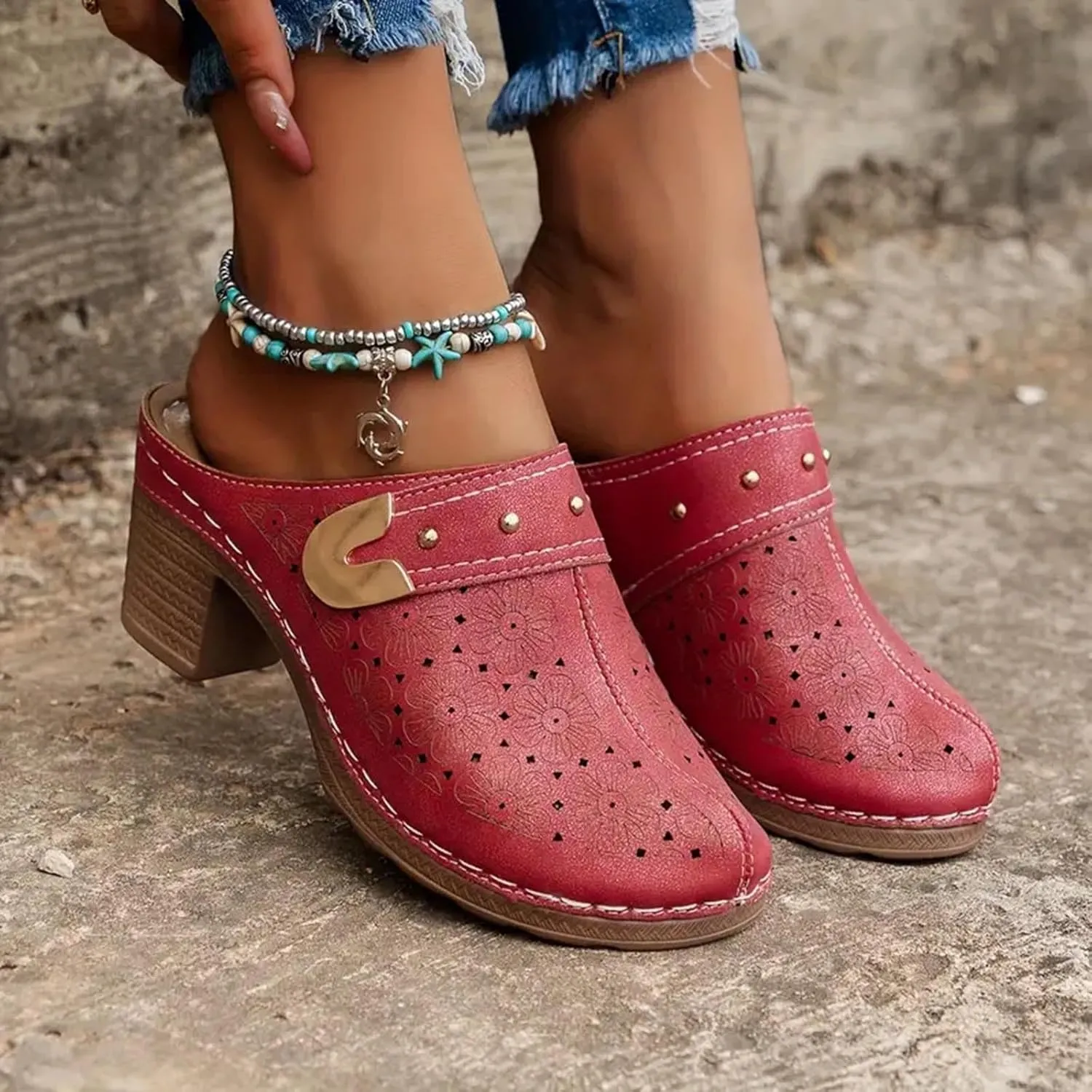 Chunky Heels Sandals for Women 2025 Closed Toe Wide Width Hollow Out Slip On Block Mules Recovery Slippers Ladies Comfortable Cushion Footbed Orthopedic Arch Support Shoes for Daily Wear