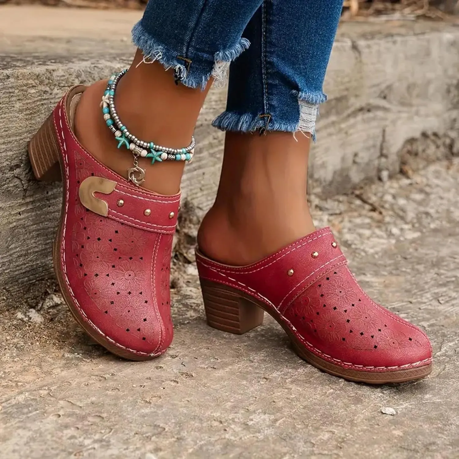 Chunky Heels Sandals for Women 2025 Closed Toe Wide Width Hollow Out Slip On Block Mules Recovery Slippers Ladies Comfortable Cushion Footbed Orthopedic Arch Support Shoes for Daily Wear
