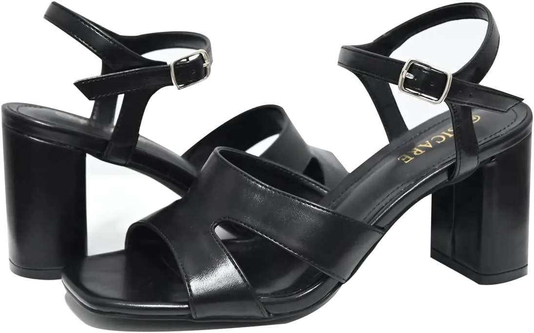 Chunky Strappy Heels for Women Open Toe Block Heels Sandals Square Toe Ankle Strap Dress Sandals Two Strap 3 Inches High Heels Strappy Sandals Women Dressy Tan White Black Heels
