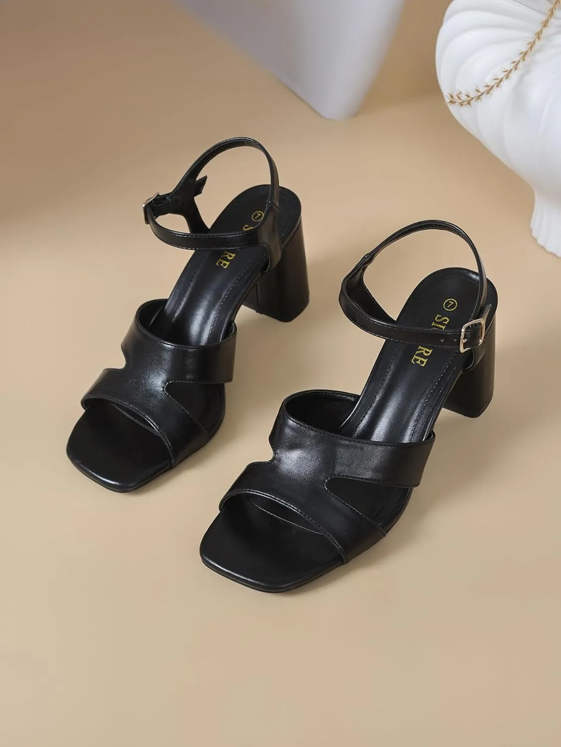 Chunky Strappy Heels for Women Open Toe Block Heels Sandals Square Toe Ankle Strap Dress Sandals Two Strap 3 Inches High Heels Strappy Sandals Women Dressy Tan White Black Heels