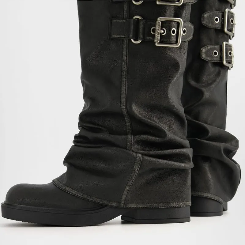 ClassicSter Fold Over Knee High Boots Slouch Boots for Women Chunky Goth Platform Boots,2 inch Heel Wide Calf Long Boots Square Toe Riding Boots