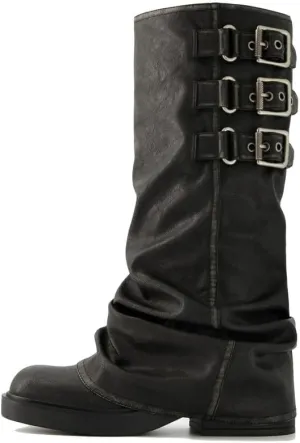 ClassicSter Fold Over Knee High Boots Slouch Boots for Women Chunky Goth Platform Boots,2 inch Heel Wide Calf Long Boots Square Toe Riding Boots