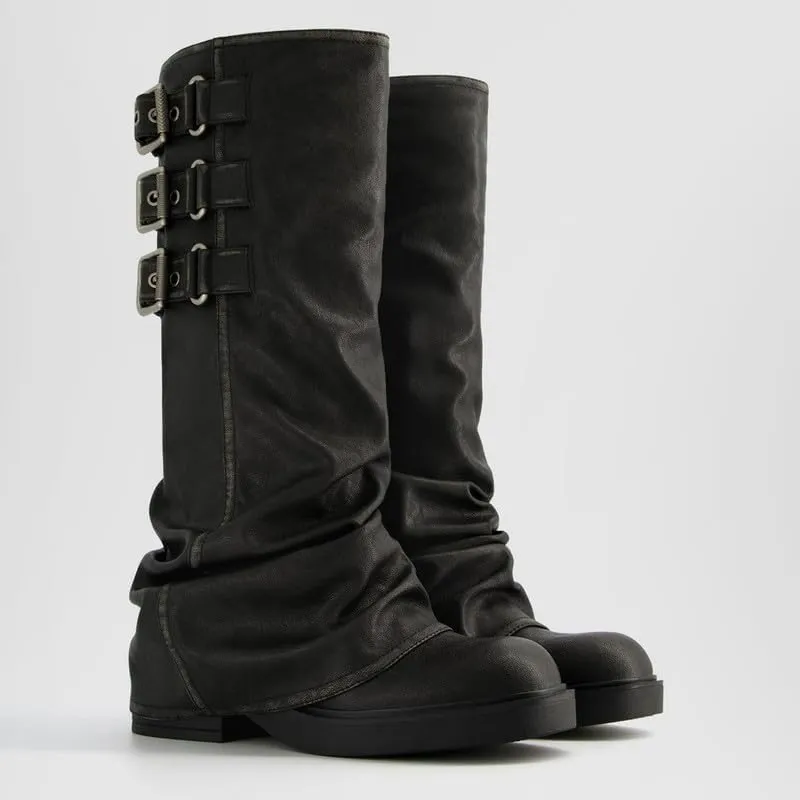 ClassicSter Fold Over Knee High Boots Slouch Boots for Women Chunky Goth Platform Boots,2 inch Heel Wide Calf Long Boots Square Toe Riding Boots
