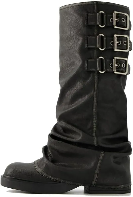 ClassicSter Fold Over Knee High Boots Slouch Boots for Women Chunky Goth Platform Boots,2 inch Heel Wide Calf Long Boots Square Toe Riding Boots