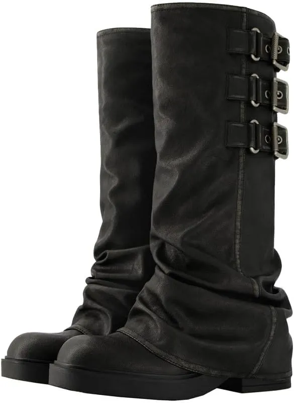 ClassicSter Fold Over Knee High Boots Slouch Boots for Women Chunky Goth Platform Boots,2 inch Heel Wide Calf Long Boots Square Toe Riding Boots