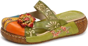 Clogs for Women Sandals Summer Leather Slippers Slip on Mules Flat Sandals Outdoor Anti Slip Platform Sandals Shoes Platform Colorful Handmade Flower Backless Loafer Shoes