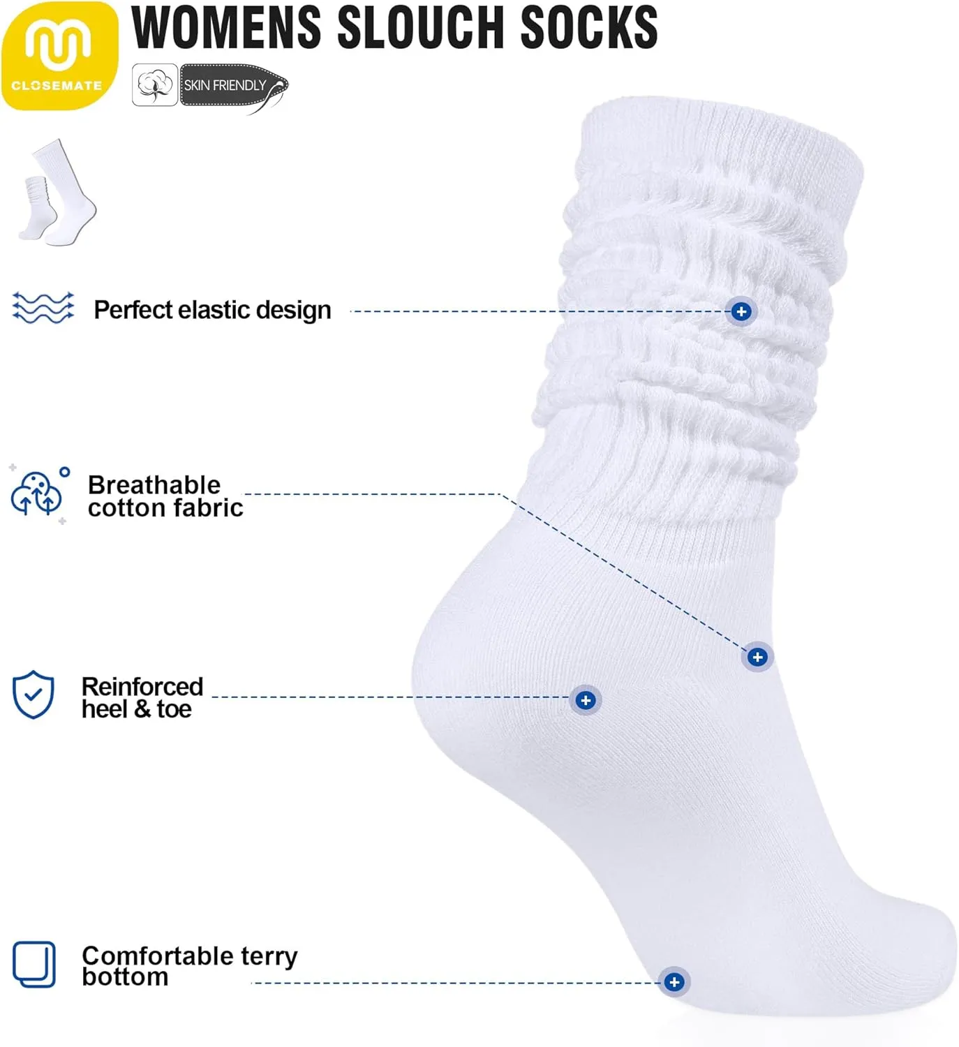 CLOSEMATE Womens Crew Slouch Socks Cotton Soft Scrunch for Boots Loafers Sneakers 3 Pairs