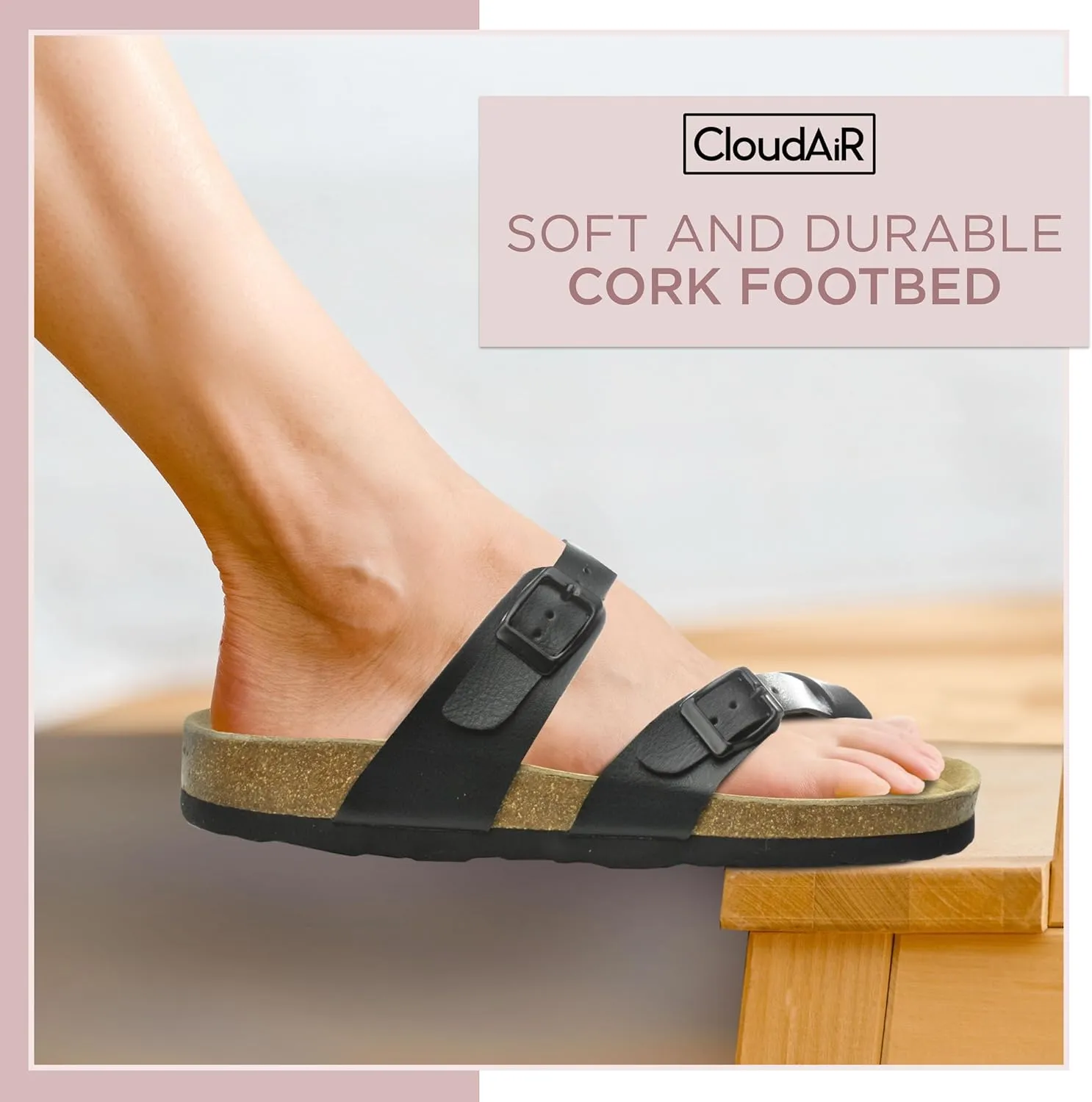 CLOUDAIR Primo Toe-Thong Slide Women's Sandals, Two Adjustable Buckle Straps and Cork Footbed, Suede Insoles