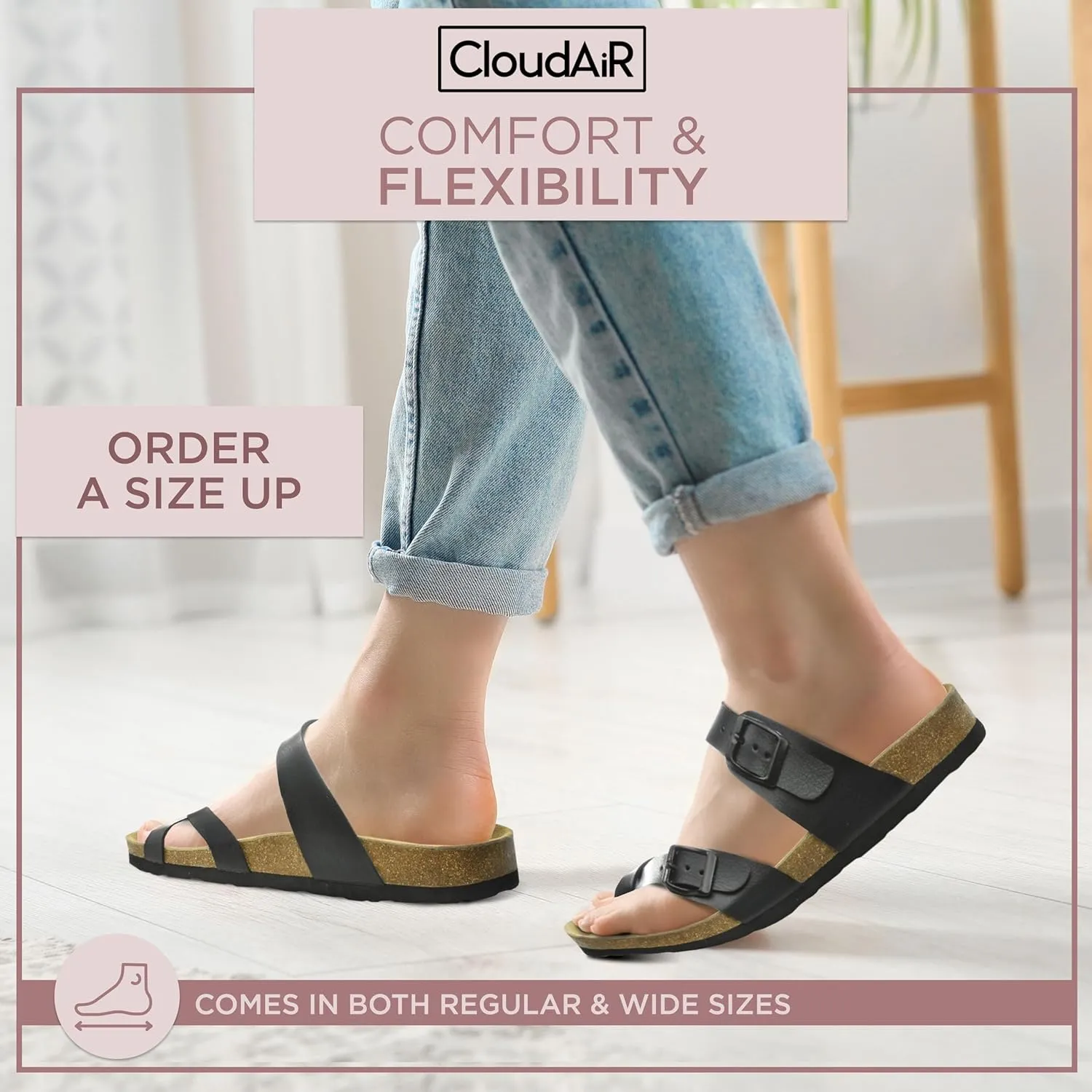 CLOUDAIR Primo Toe-Thong Slide Women's Sandals, Two Adjustable Buckle Straps and Cork Footbed, Suede Insoles