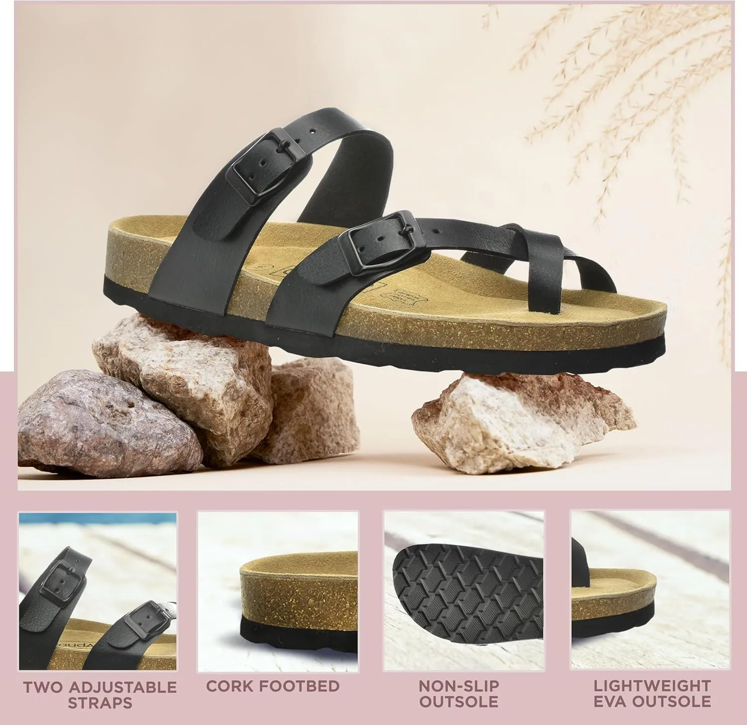 CLOUDAIR Primo Toe-Thong Slide Women's Sandals, Two Adjustable Buckle Straps and Cork Footbed, Suede Insoles
