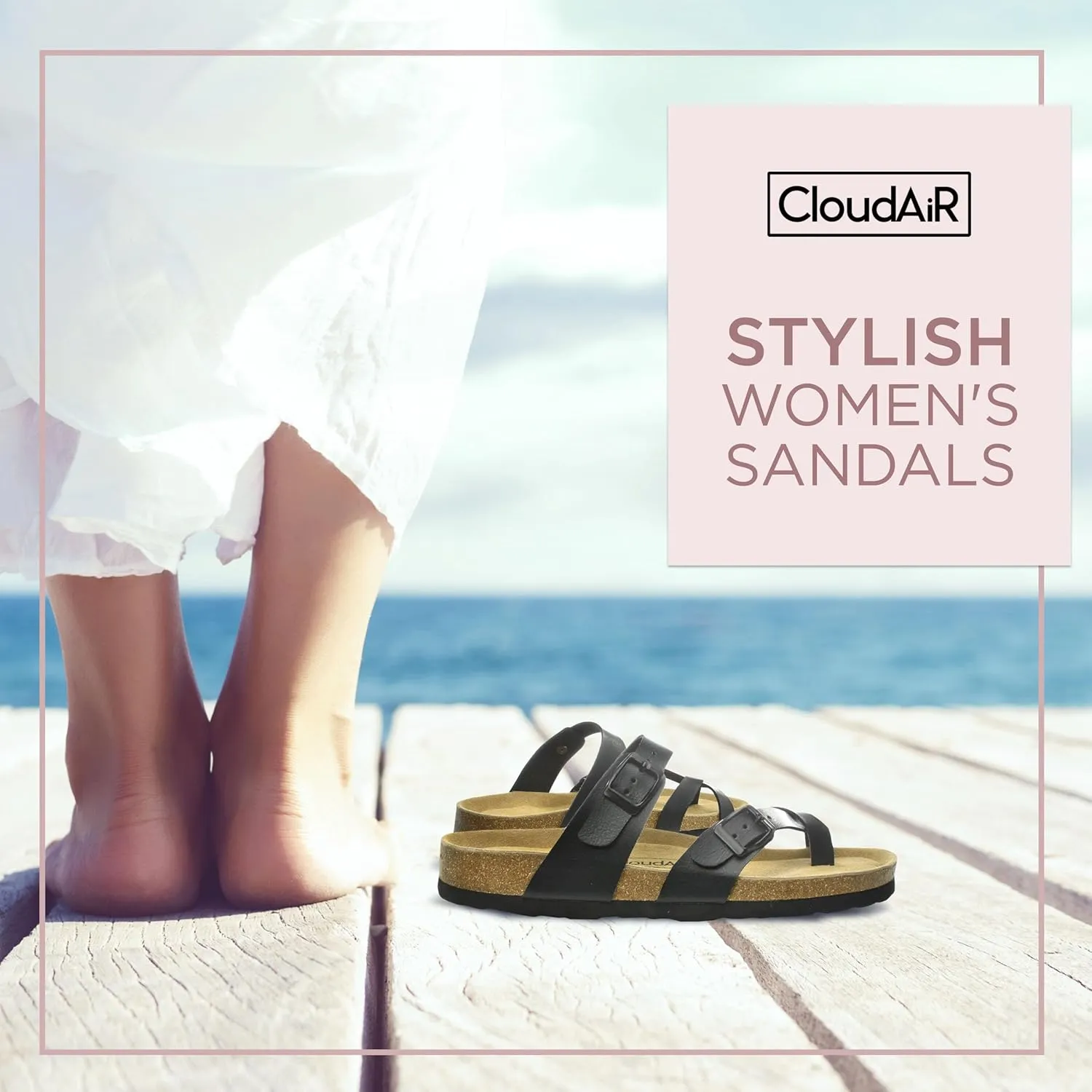 CLOUDAIR Primo Toe-Thong Slide Women's Sandals, Two Adjustable Buckle Straps and Cork Footbed, Suede Insoles