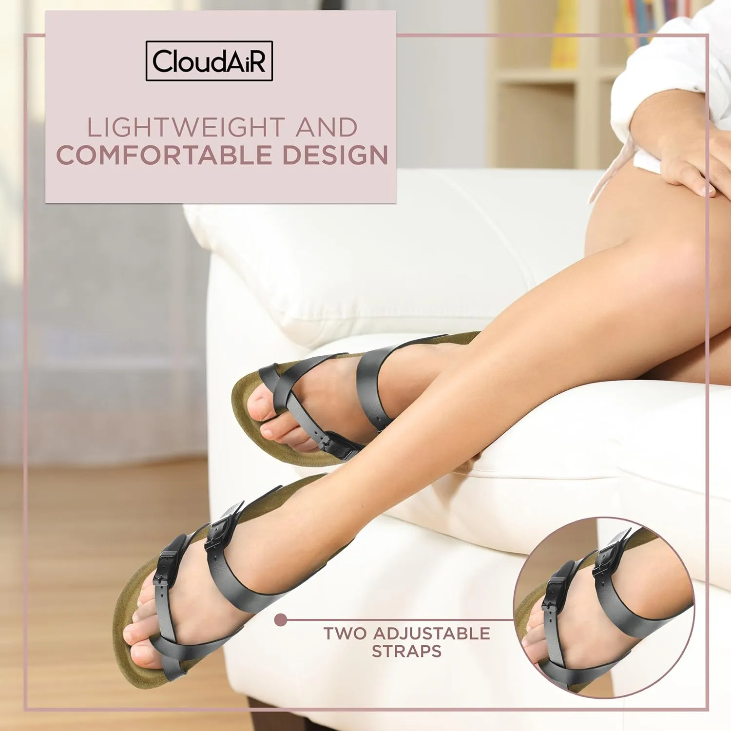 CLOUDAIR Primo Toe-Thong Slide Women's Sandals, Two Adjustable Buckle Straps and Cork Footbed, Suede Insoles