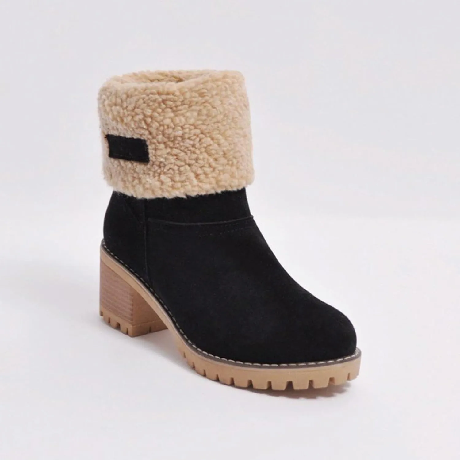 CLOUDEMO Winter Boots for Women, Women's Chunky Heel Round Toe Snow Boots, Seniors' Chunky Heel Winter Boots, Comfortable Mid Chunky Heel Suede Warm Fur Lined Boots