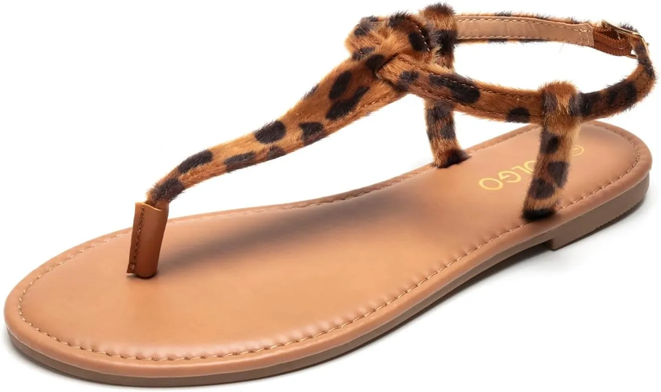 Colgo Thong Flat Sandals, Casual Women T-Strap Dress Sandals with Adjustable Ankle Buckle for Summer Wedding