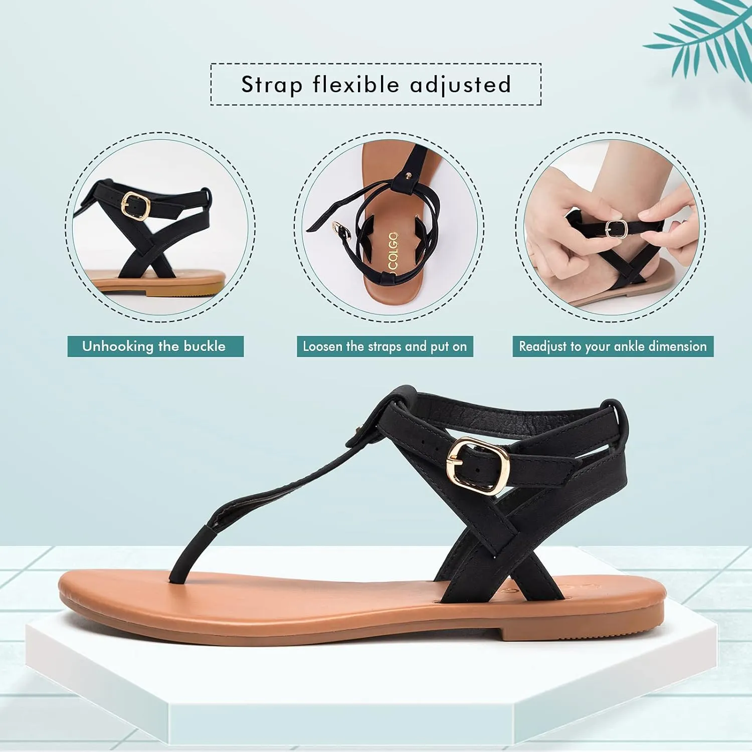Colgo Thong Flat Sandals, Casual Women T-Strap Dress Sandals with Adjustable Ankle Buckle for Summer Wedding