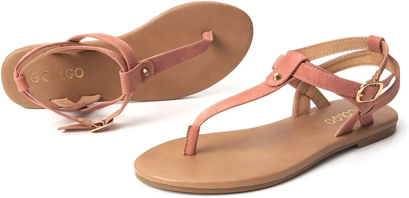 Colgo Thong Flat Sandals, Casual Women T-Strap Dress Sandals with Adjustable Ankle Buckle for Summer Wedding