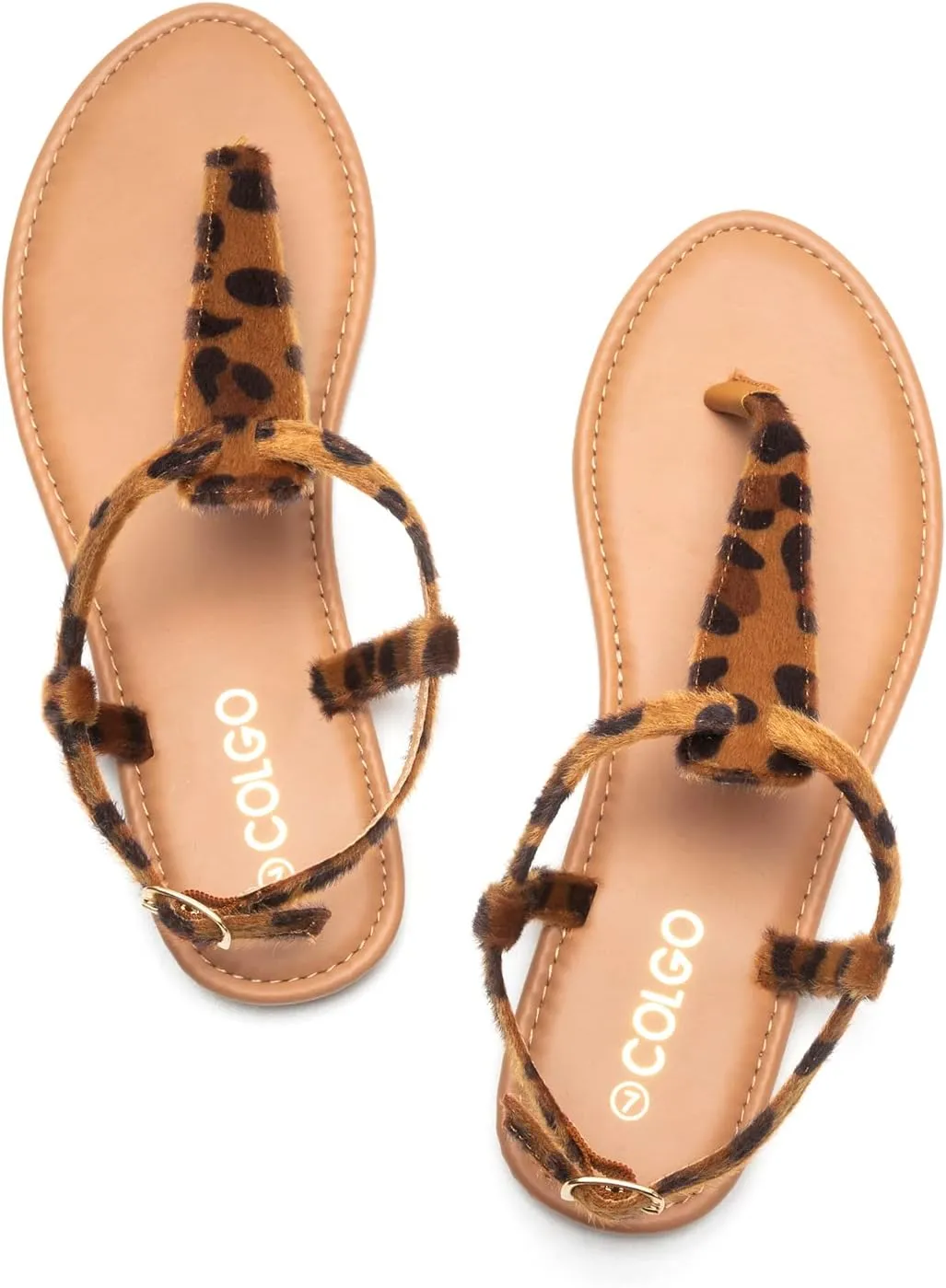 Colgo Thong Flat Sandals, Casual Women T-Strap Dress Sandals with Adjustable Ankle Buckle for Summer Wedding