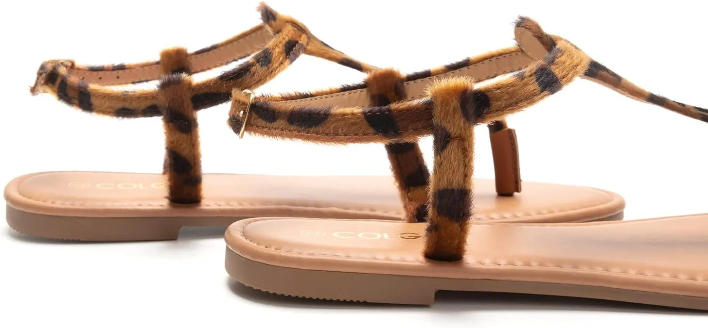 Colgo Thong Flat Sandals, Casual Women T-Strap Dress Sandals with Adjustable Ankle Buckle for Summer Wedding