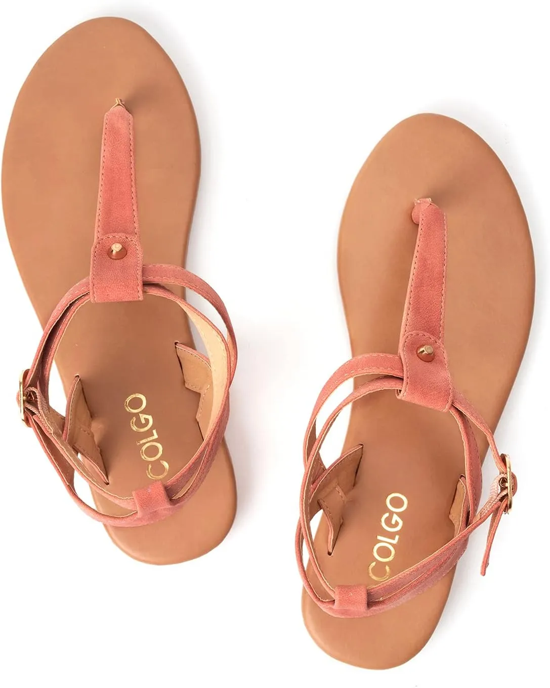 Colgo Thong Flat Sandals, Casual Women T-Strap Dress Sandals with Adjustable Ankle Buckle for Summer Wedding