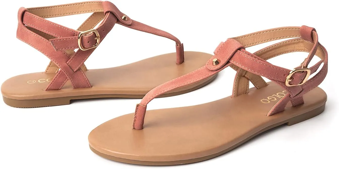 Colgo Thong Flat Sandals, Casual Women T-Strap Dress Sandals with Adjustable Ankle Buckle for Summer Wedding