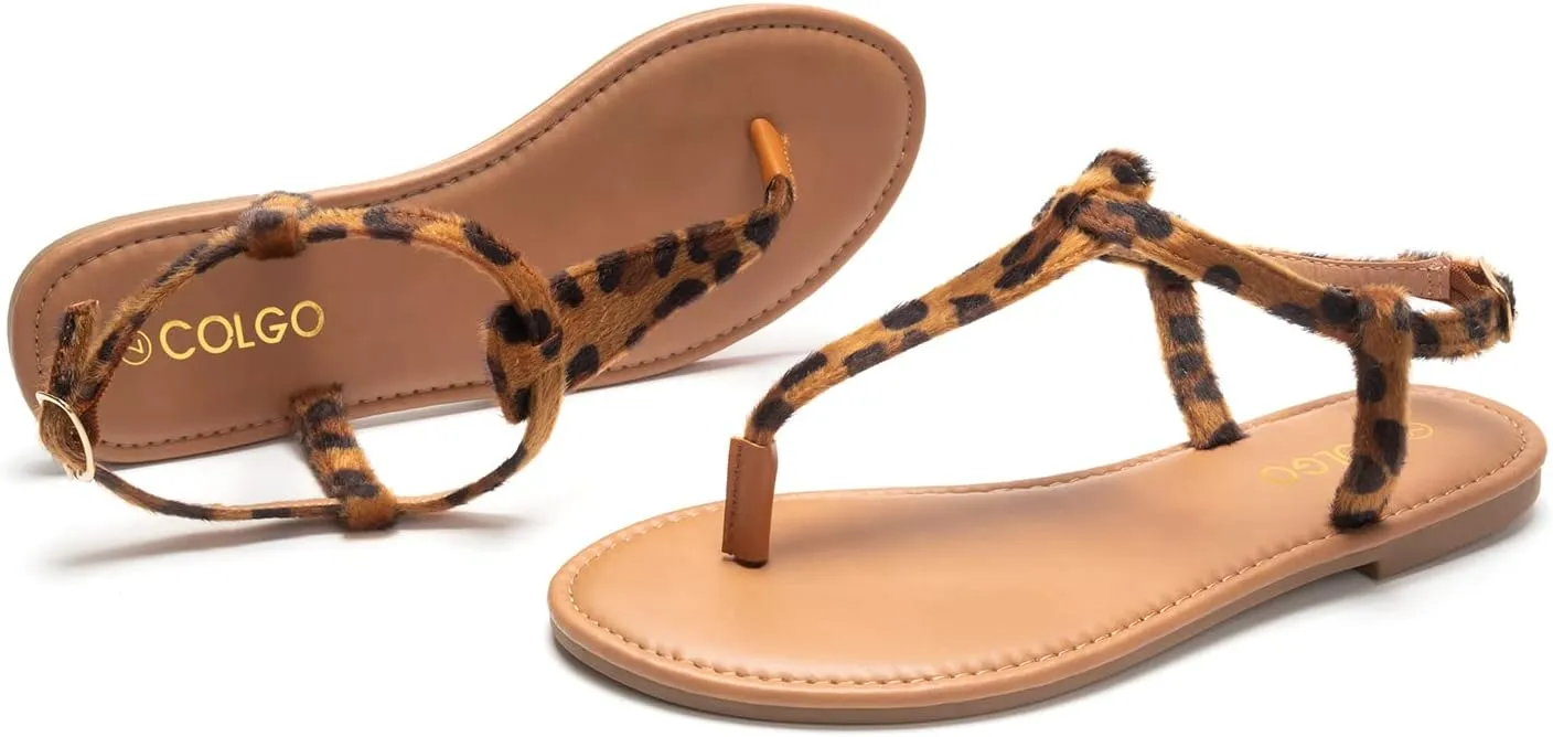 Colgo Thong Flat Sandals, Casual Women T-Strap Dress Sandals with Adjustable Ankle Buckle for Summer Wedding