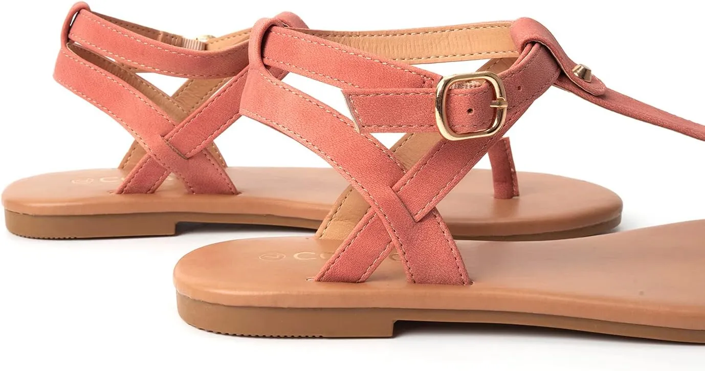 Colgo Thong Flat Sandals, Casual Women T-Strap Dress Sandals with Adjustable Ankle Buckle for Summer Wedding