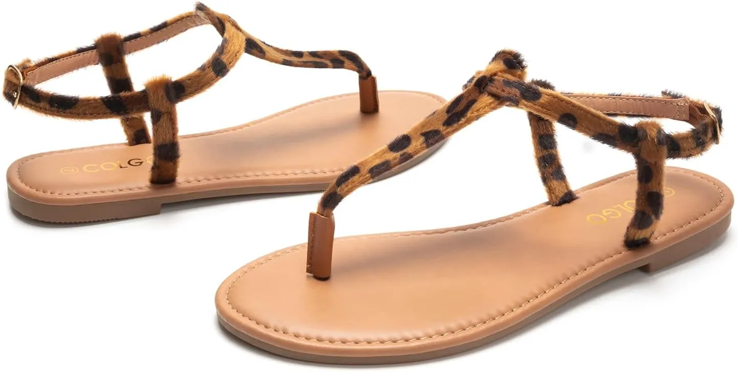 Colgo Thong Flat Sandals, Casual Women T-Strap Dress Sandals with Adjustable Ankle Buckle for Summer Wedding