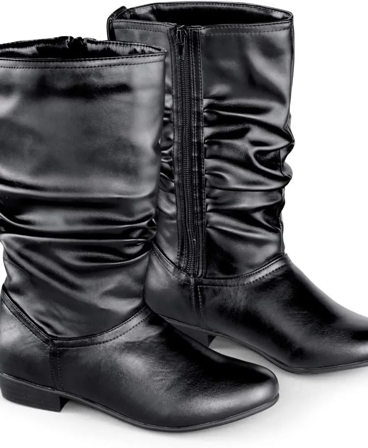Collections Etc Faux Leather Mid Calf Slouch Boots w/Low Heel