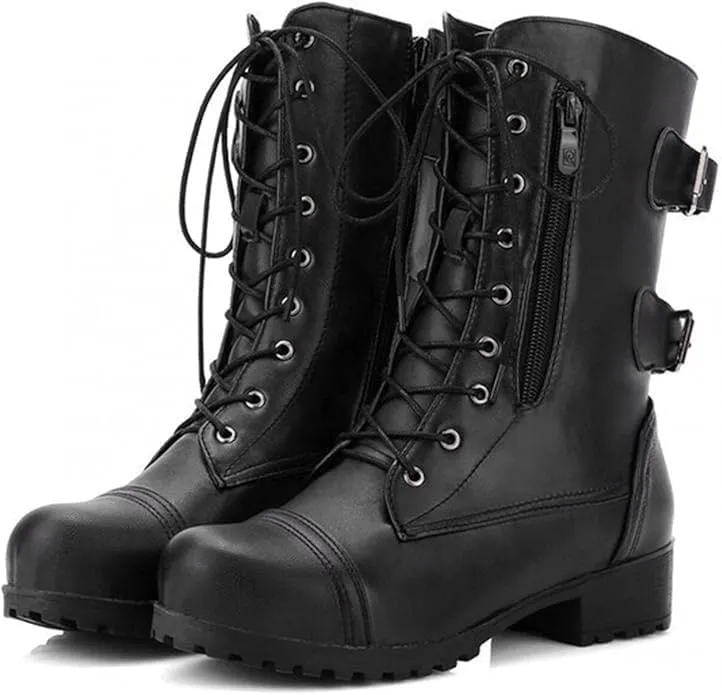 Combat Boots Womens with Side Zipper Pockets Fashion Leather 10-Eyes Lace Up Mid Calf Military Boots Anti Slip Platform Wedge Low Heels Motorcycle Riding Booties Women Winter Shoes