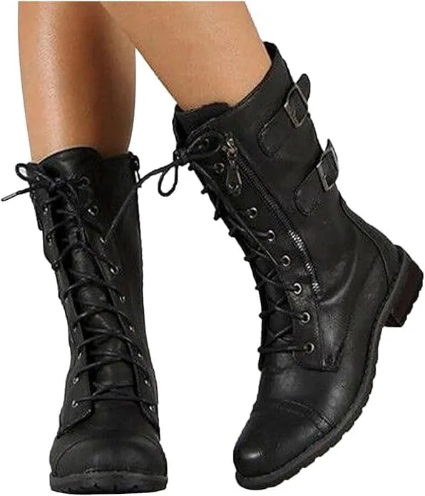 Combat Boots Womens with Side Zipper Pockets Fashion Leather 10-Eyes Lace Up Mid Calf Military Boots Anti Slip Platform Wedge Low Heels Motorcycle Riding Booties Women Winter Shoes