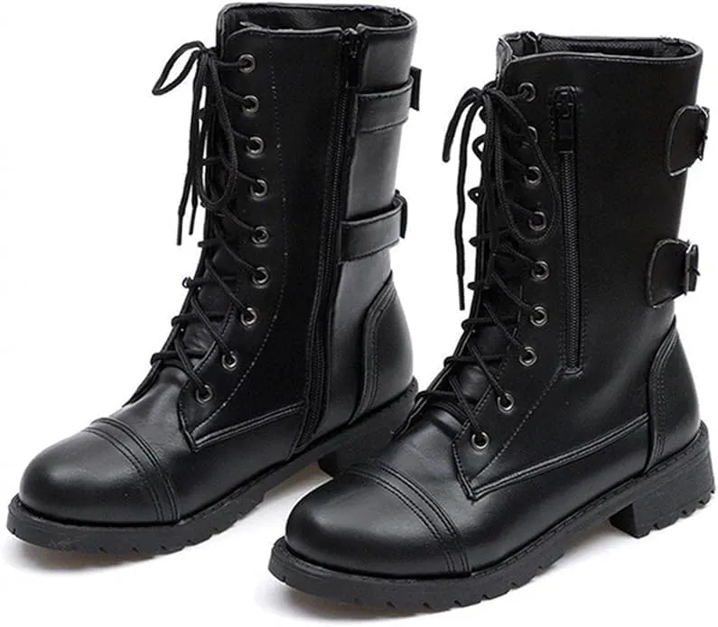 Combat Boots Womens with Side Zipper Pockets Fashion Leather 10-Eyes Lace Up Mid Calf Military Boots Anti Slip Platform Wedge Low Heels Motorcycle Riding Booties Women Winter Shoes