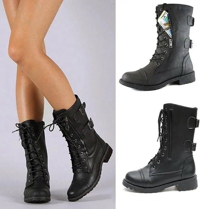 Combat Boots Womens with Side Zipper Pockets Fashion Leather 10-Eyes Lace Up Mid Calf Military Boots Anti Slip Platform Wedge Low Heels Motorcycle Riding Booties Women Winter Shoes