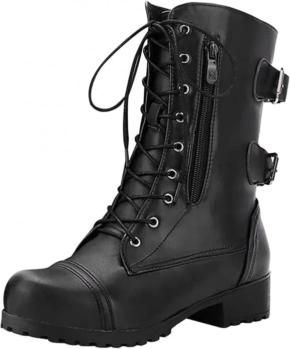 Combat Boots Womens with Side Zipper Pockets Fashion Leather 10-Eyes Lace Up Mid Calf Military Boots Anti Slip Platform Wedge Low Heels Motorcycle Riding Booties Women Winter Shoes