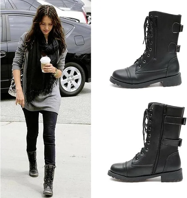 Combat Boots Womens with Side Zipper Pockets Fashion Leather 10-Eyes Lace Up Mid Calf Military Boots Anti Slip Platform Wedge Low Heels Motorcycle Riding Booties Women Winter Shoes