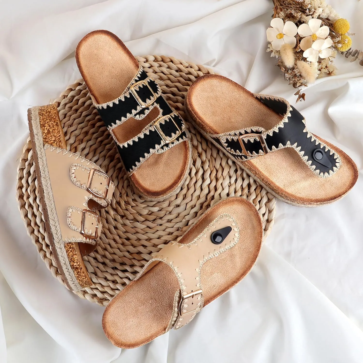 Comfortable Cork Sandals, Women's Open-Toe Slip On Buckle with Arch Support, Beach & Dressy Summer