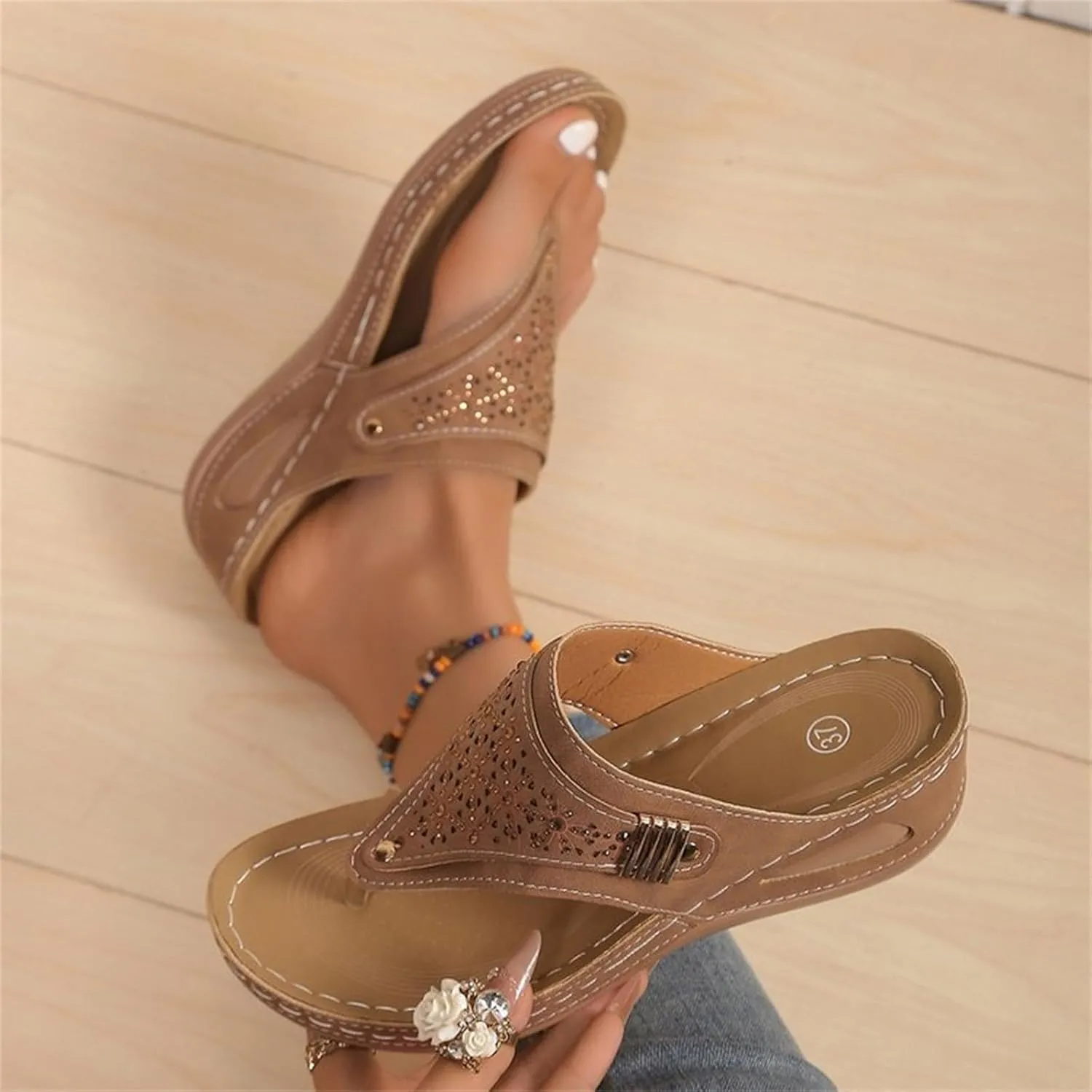 Comfortable sandals for women with Arch Support Summer Casual Boho Slip On Orthopedic Wide Width Platform Slippers