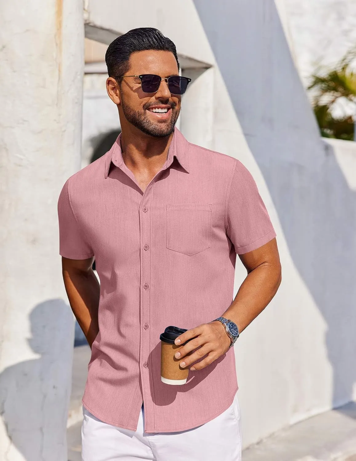COOFANDY Men's Short Sleeve Button Down Shirt Casual Untucked Dress Shirt Stretch Denim Shirt