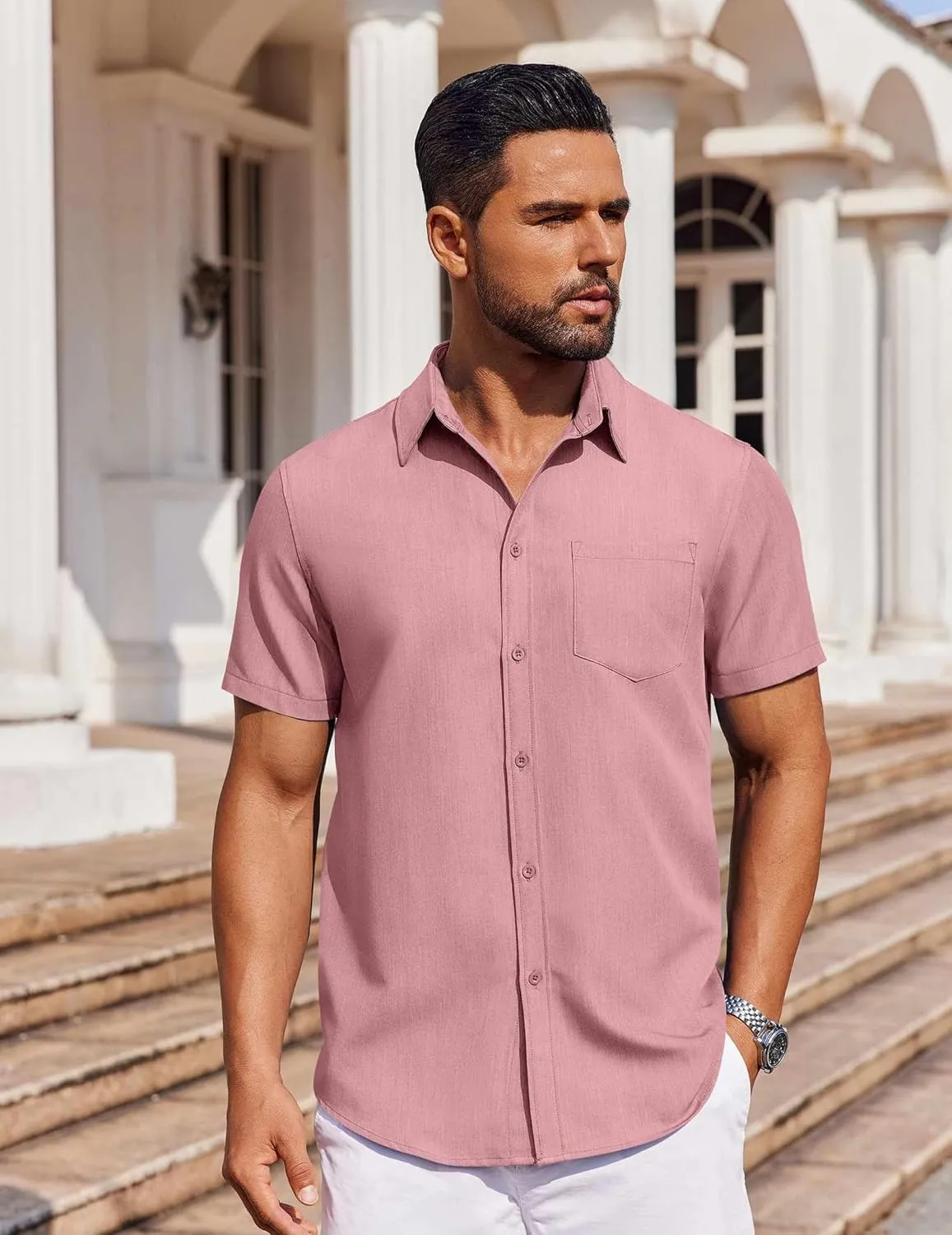 COOFANDY Men's Short Sleeve Button Down Shirt Casual Untucked Dress Shirt Stretch Denim Shirt