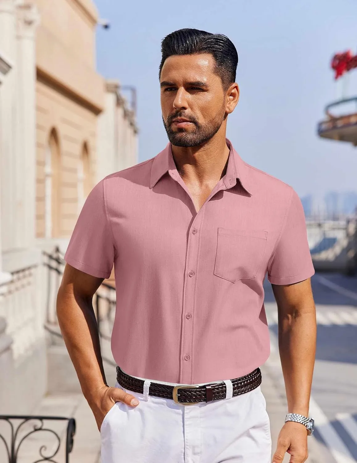 COOFANDY Men's Short Sleeve Button Down Shirt Casual Untucked Dress Shirt Stretch Denim Shirt