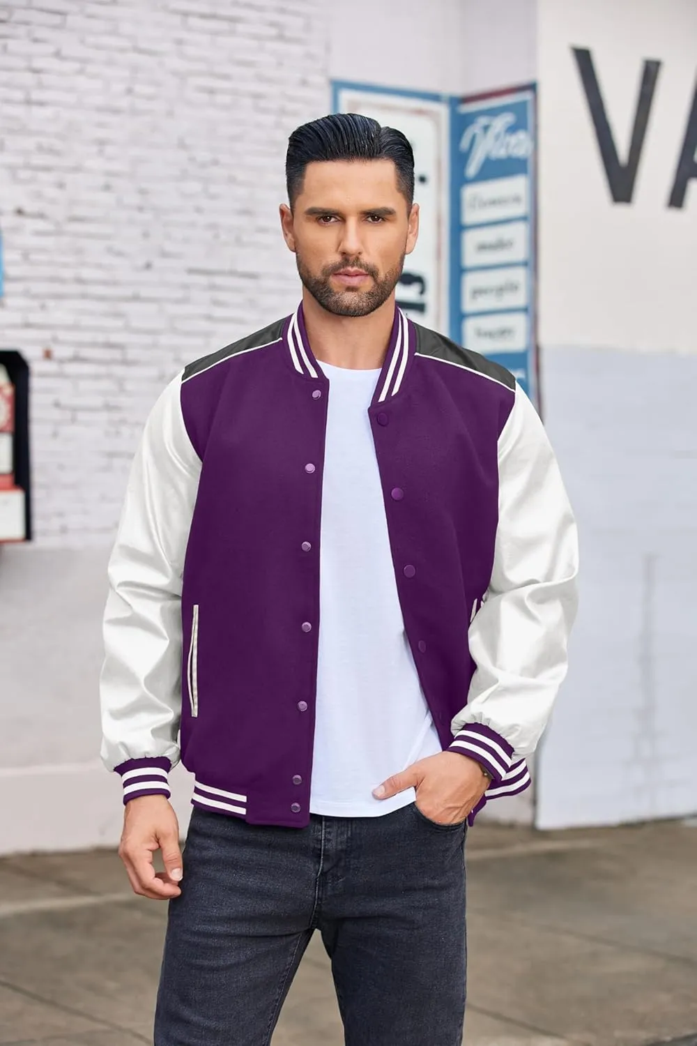 COOFANDY Mens Varsity Jacket Casual Leather Sleeve Baseball Letterman Bomber Jacket Coat