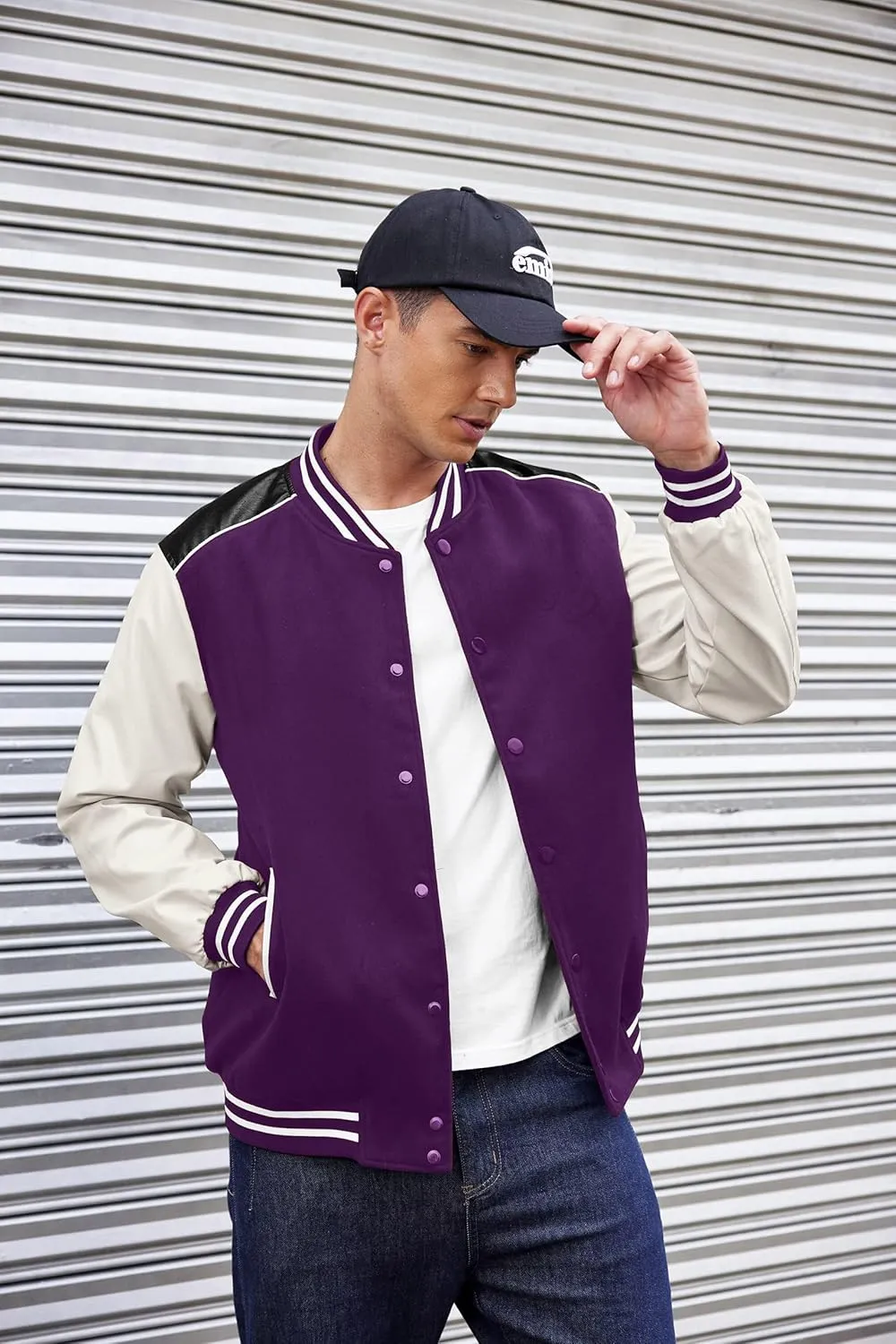 COOFANDY Mens Varsity Jacket Casual Leather Sleeve Baseball Letterman Bomber Jacket Coat